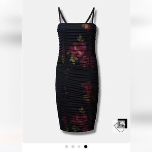 Torrid size 1  14/16 Midi Mesh Shirred black floral bodycon dress. New with tags